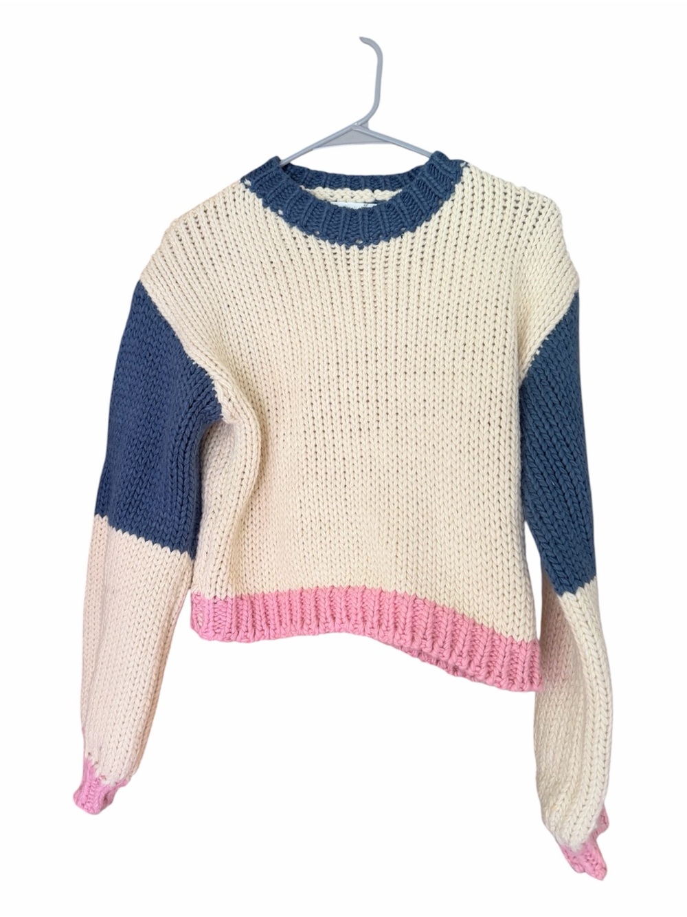 Altar’d State Color Block Chunky Knit Sweater Cream Navy Pink XS - Picture 6 of 7